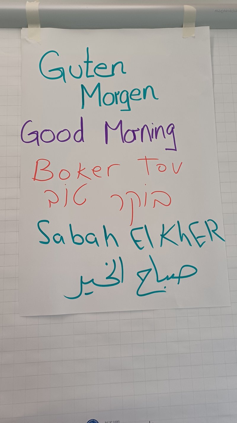 Poster auf dem auf deutsch,englisch, hebräisch und arabisch Guten Morgen steht