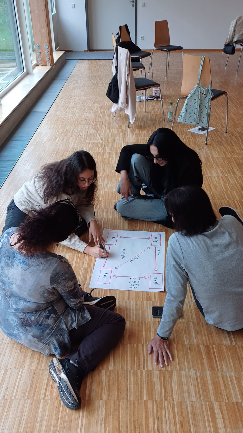 Drei Menschen sitzen auf dem Boden und gestalten ein Poster